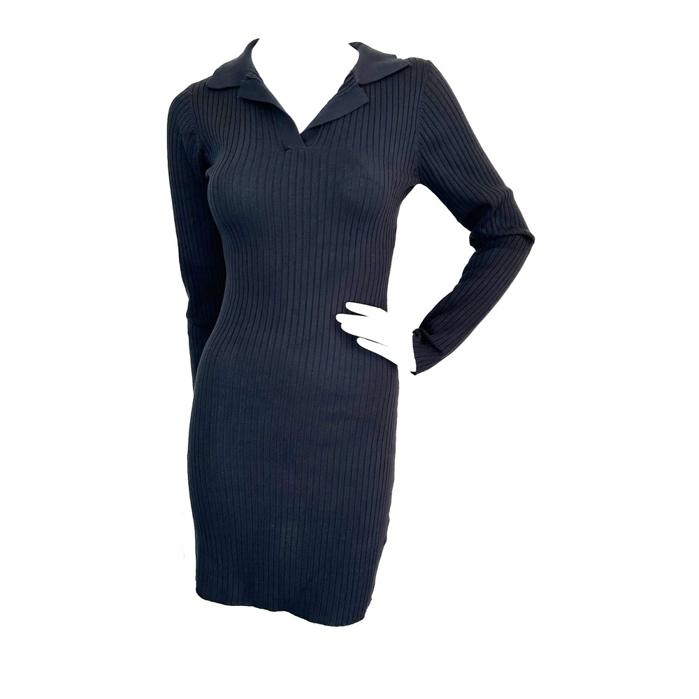 Love Tree Black Ribbed Knit Polo Dress Medium EUC 90s Minimalist Dark Academia